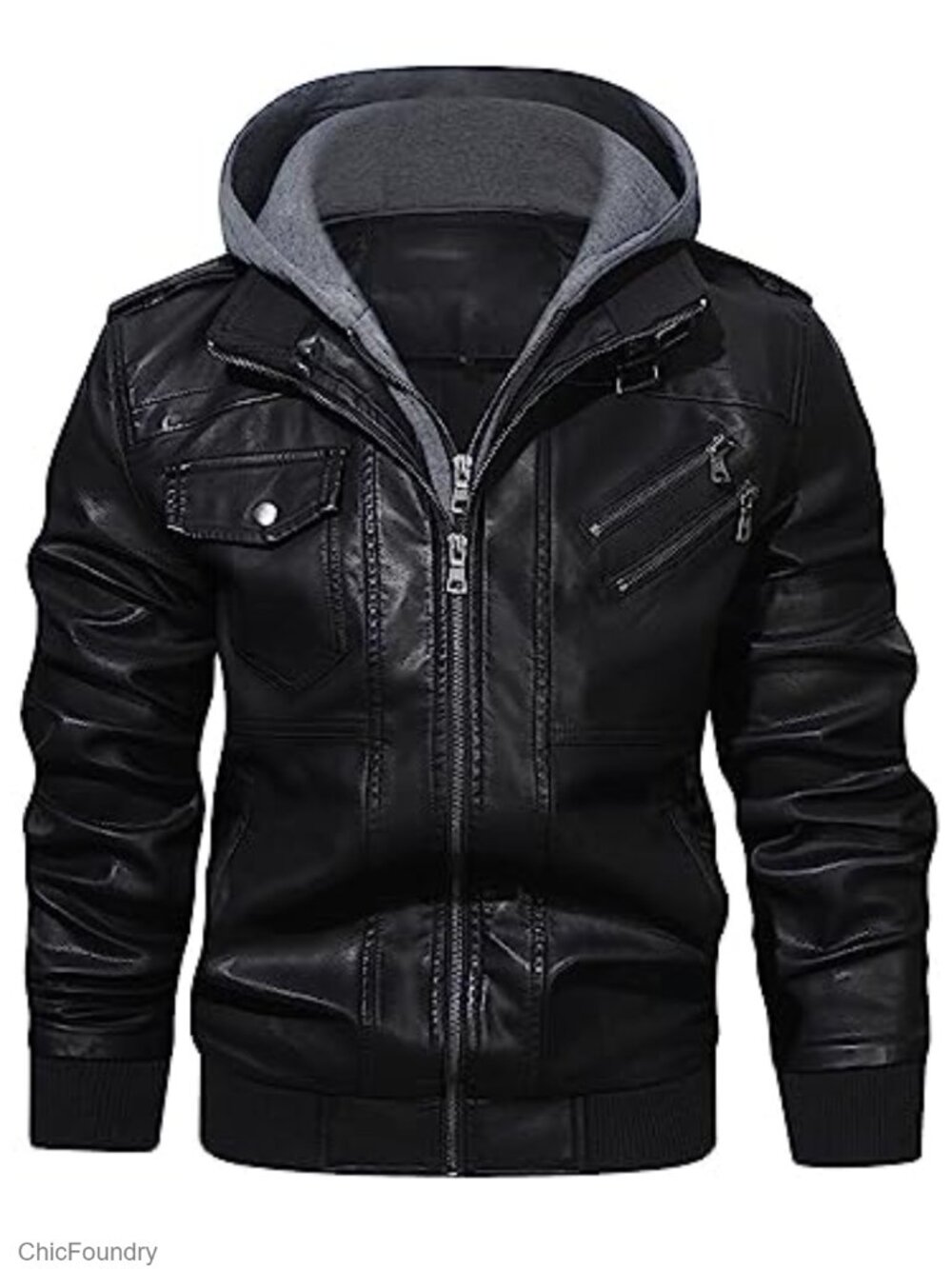 Men's PU Faux Leather Zip-Up Motorcycle Bomber Jacket with Removable Hood